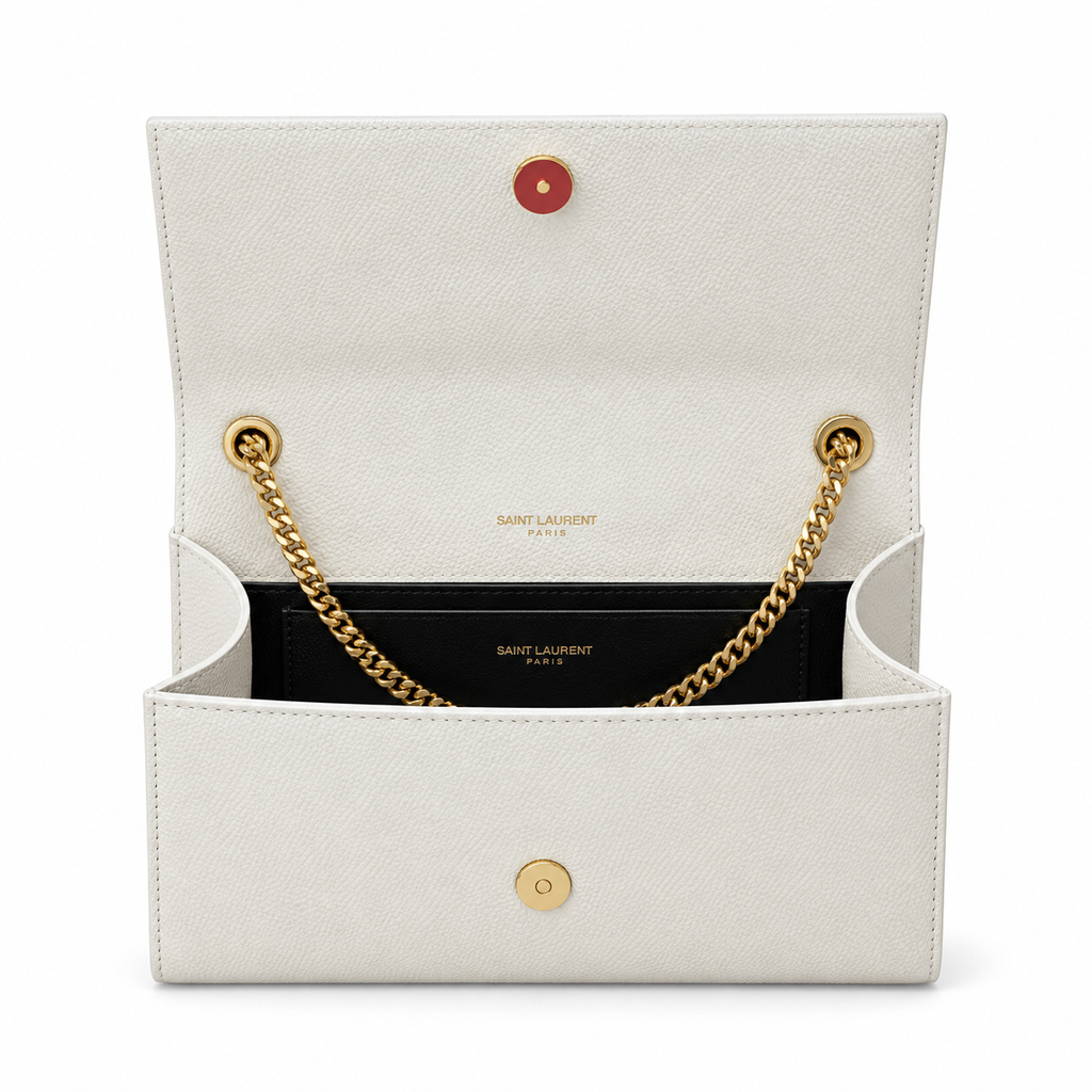 Saint Laurent YSL Kate Chain Wallet – Cream Suede Gold