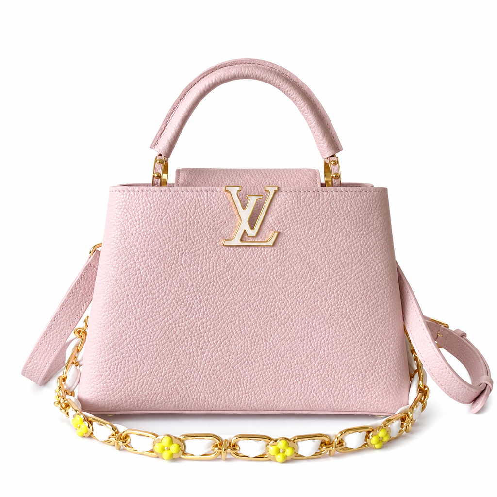 Louis Vuitton Capucines BB Pink Taurillon Leather Handbag with Floral Chain Strap