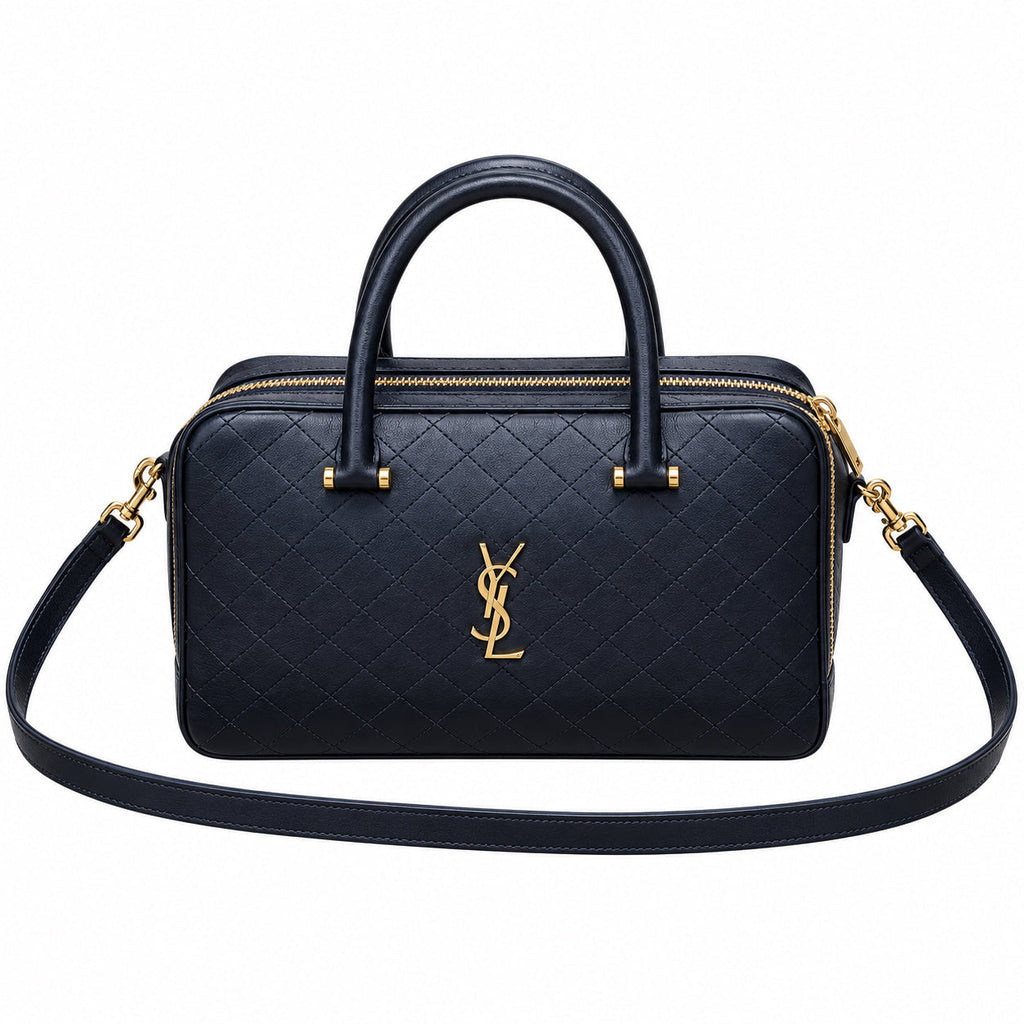 Saint Laurent YSL diamond quilted Boston top handle bag in navy blue calfskin leather with gold hardware and crossbody strap