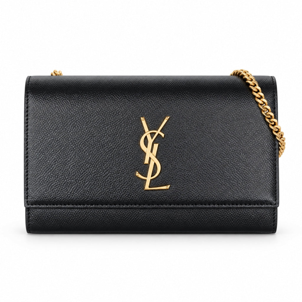 Saint Laurent YSL Kate Chain Bag in Black Grained Leather with Gold YSL Monogram and Gold Chain Strap
