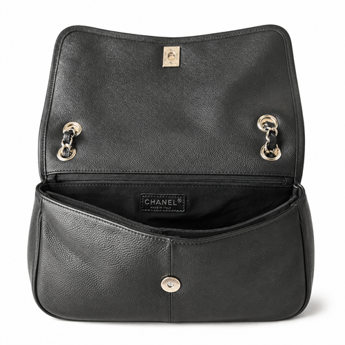 Chanel Black Caviar Quilted Large Single Flap Bag | Silver CC Turn-Lock & Silver Chain