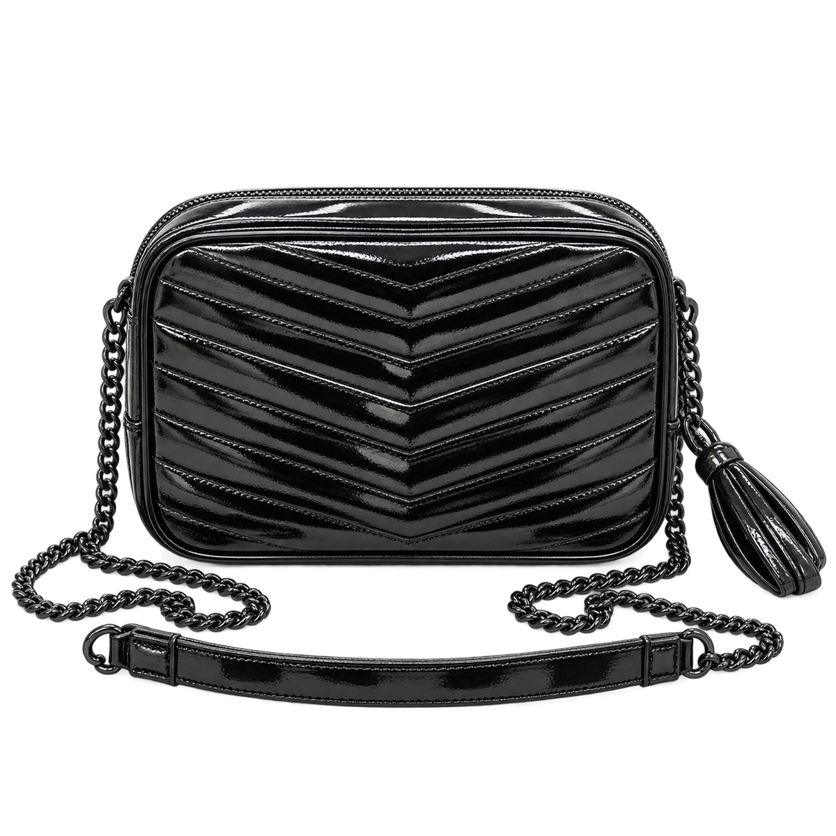 Saint Laurent YSL Lou Camera Bag in All Black Patent Leather with Chevron Quilting Matte Black Chain and Tassel