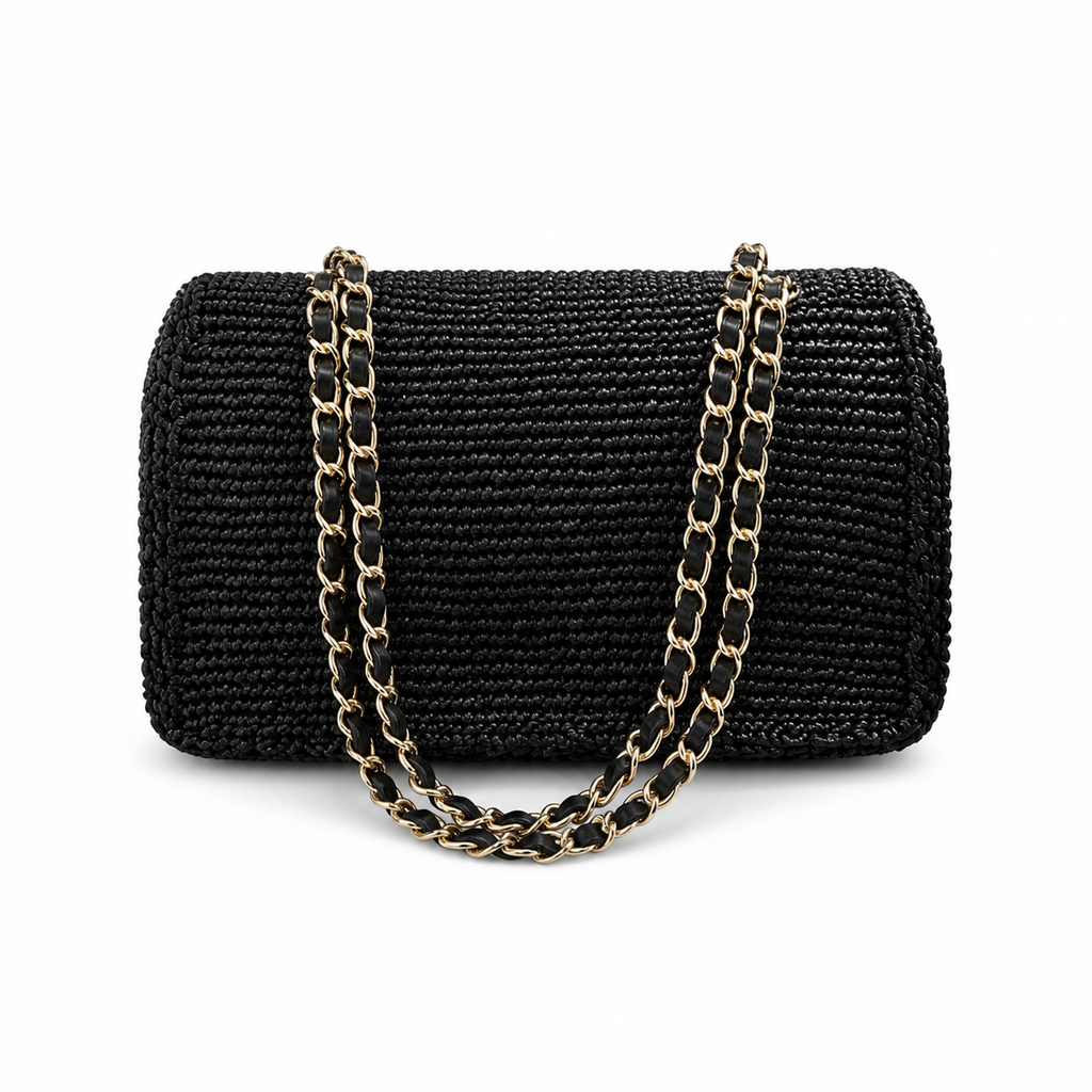 Chanel CC Raffia Woven Flap Bag | Black & Gold Chain — 25cm