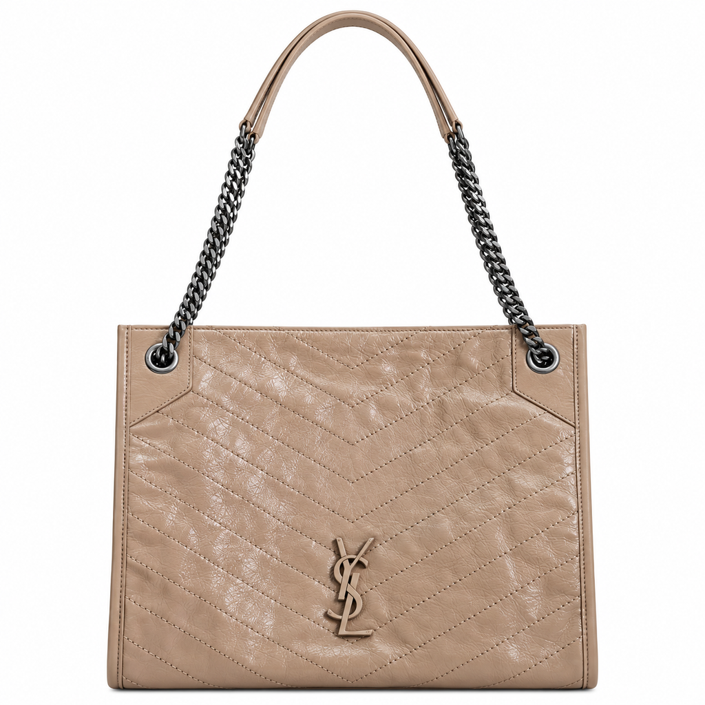 YSL Niki Shopping Bag in beige chevron-quilted crinkled leather with dual gunmetal chain straps and tone-on-tone YSL monogram, front view