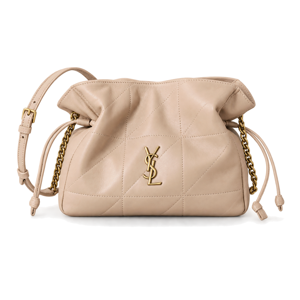 YSL Bouquet Drawstring Bag in beige diamond-quilted leather with gold YSL monogram, chain straps and adjustable shoulder strap, front view