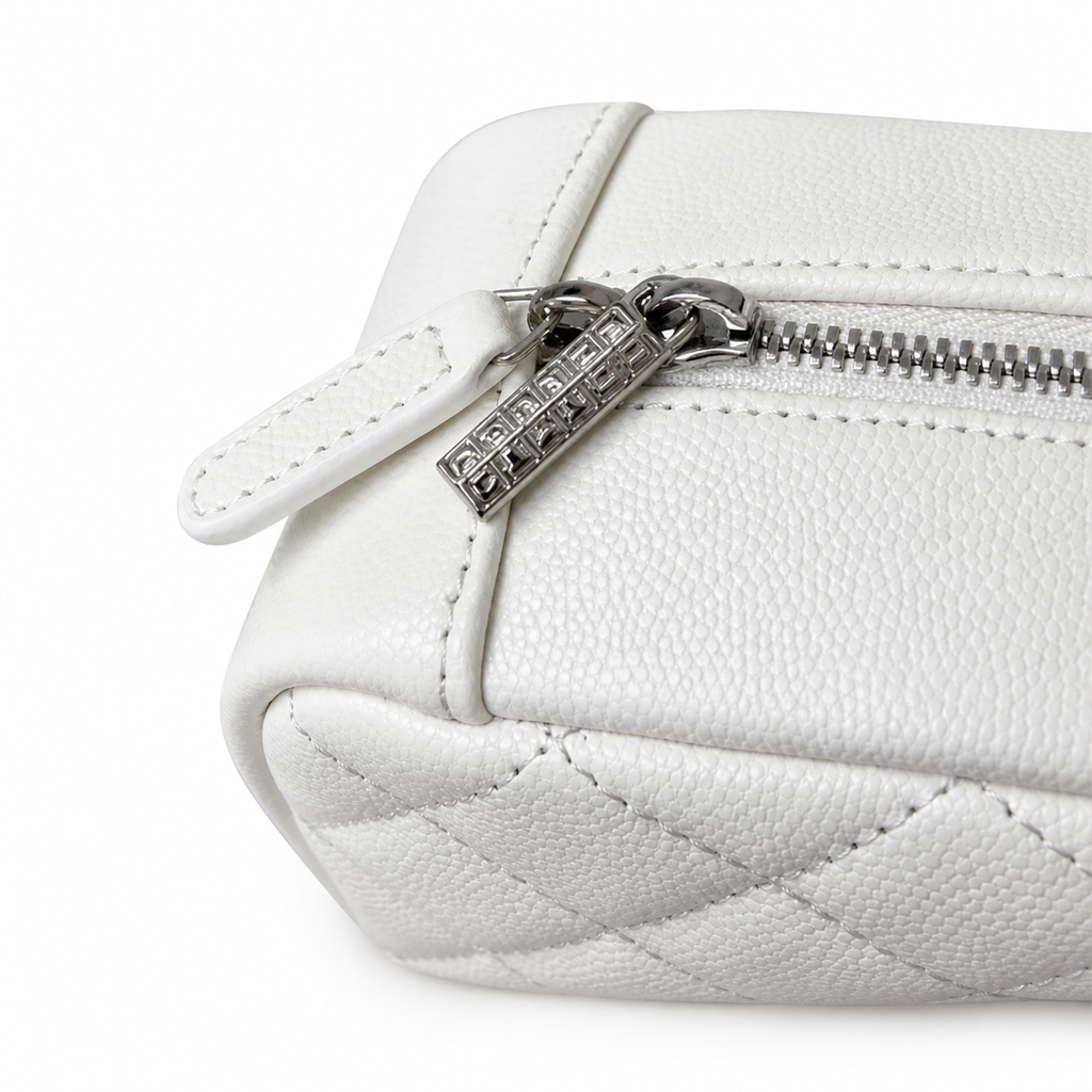 Chanel CC Quilted Mini Vanity Case Bag | Beige & Gold Chain — 21cm