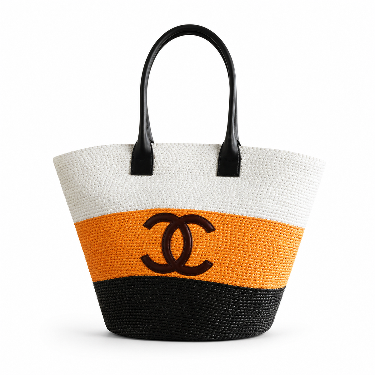 Chanel Ivory & Tangerine Orange Raffia Market Tote | Brown CC & Black Handles — 58cm