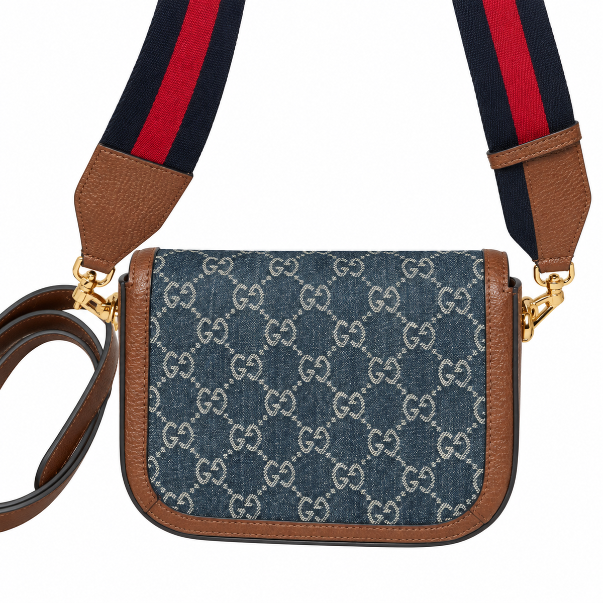 Gucci Horsebit 1955 Mini Bag in Blue GG Denim Canvas with Brown Leather Trim