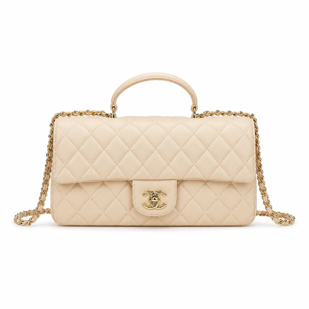 Chanel Cream Ivory Large Diamond-Quilted Lambskin Flap Bag | Top Handle & Pure Gold Chain