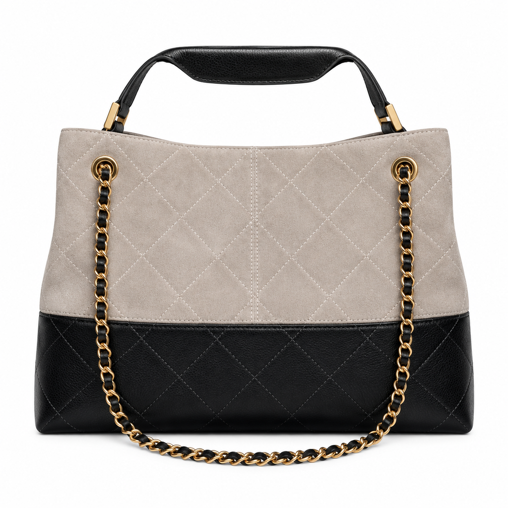 Chanel 24B Bicolor Suede Lambskin Quilted Hobo Bag Stone Black 24×36×14cm