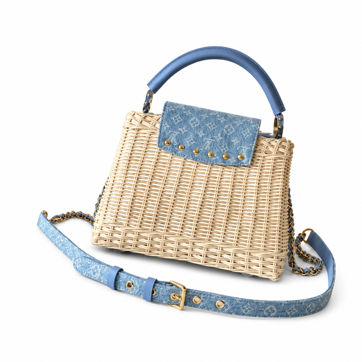 Louis Vuitton Capucines Wicker Basket Bag with Blue Monogram Denim Flap and Chain Strap