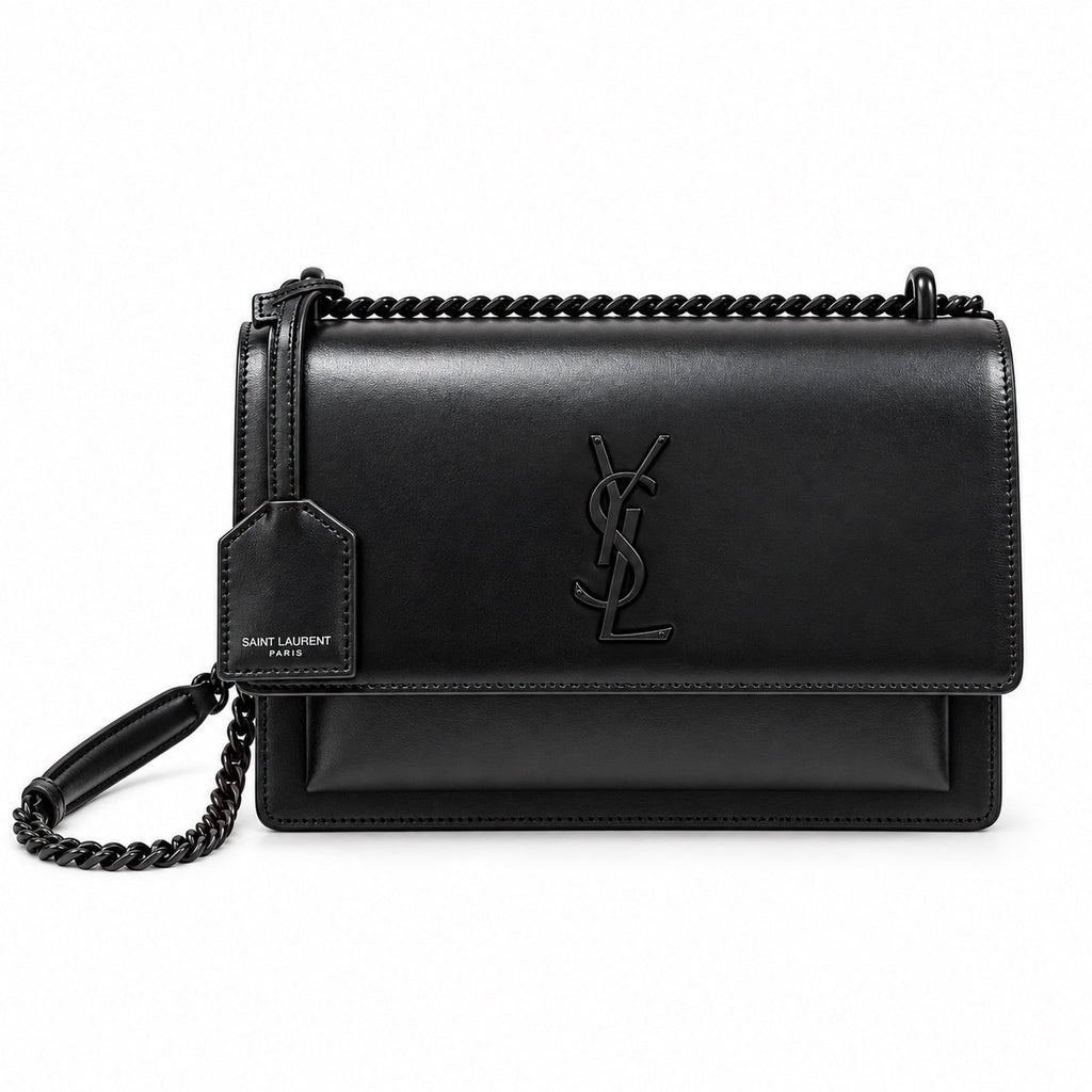 YSL Sunset Medium Bag All Black Smooth Leather Black Chain