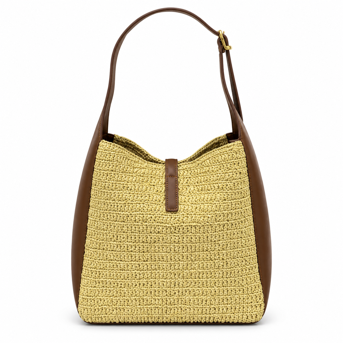 Saint Laurent YSL Le 5 à 7 Tote Bag in Natural Raffia with Brown Smooth Leather Trim Adjustable Leather Shoulder Strap and Gold Hardware