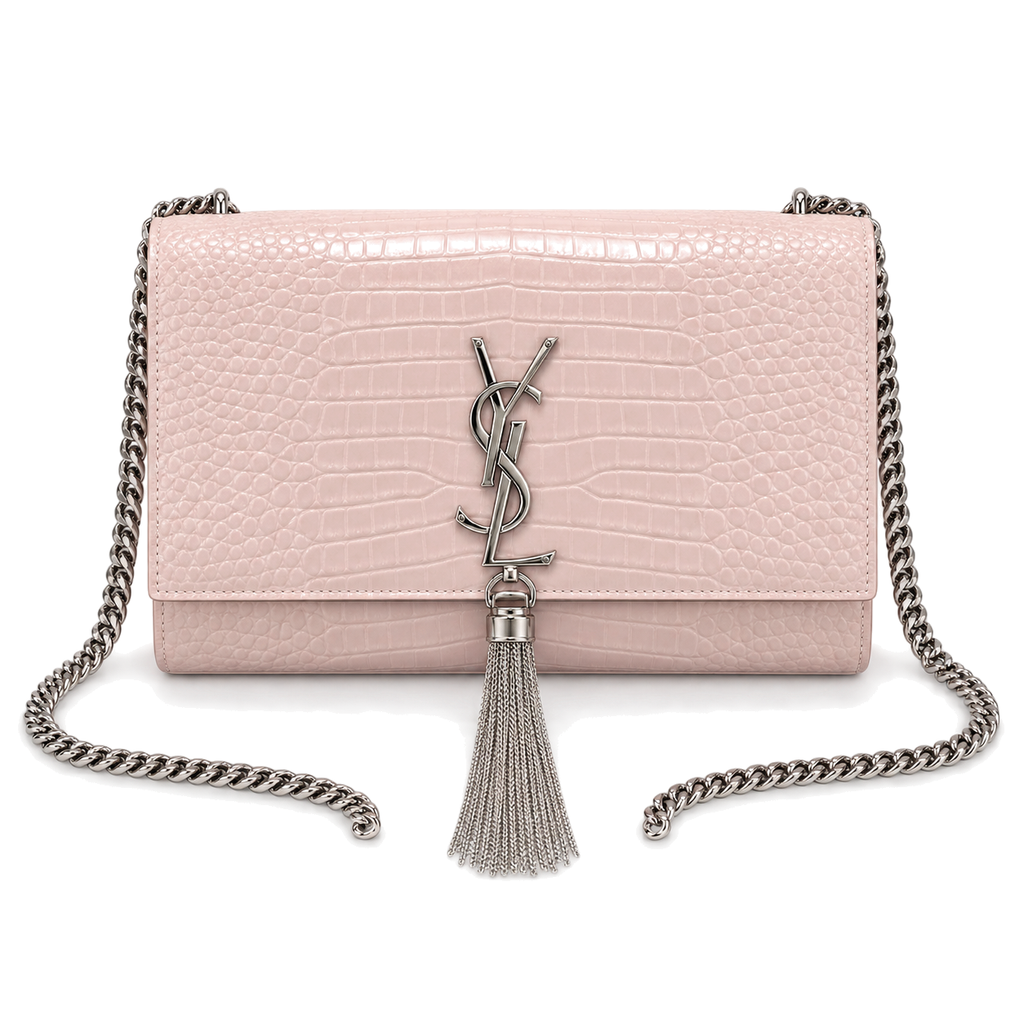 Saint Laurent Kate Medium Tassel crossbody bag in blush pink crocodile-embossed leather with silver YSL monogram and chain tassel