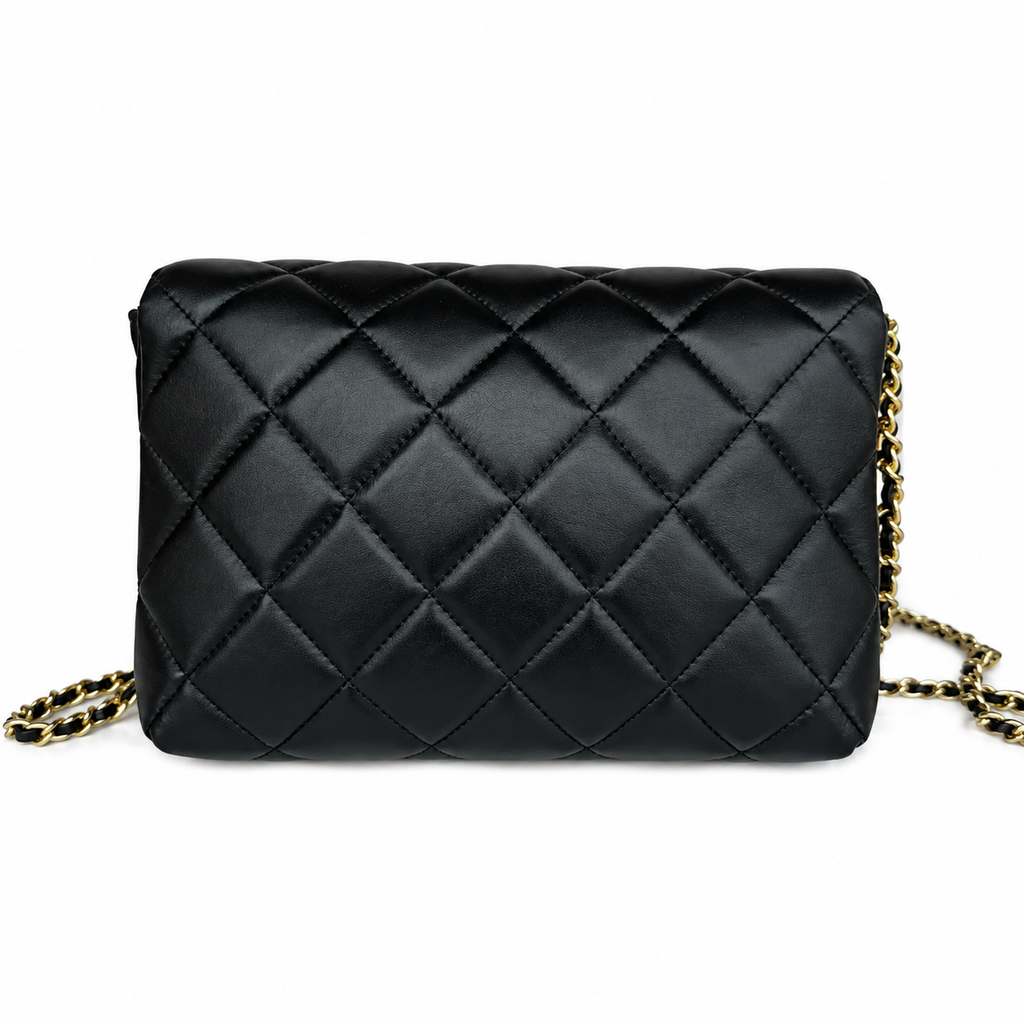 Chanel Quilted Flap Bag | Pearl Chain Crystal Letter Charm Gold CC Black — 23x15cm