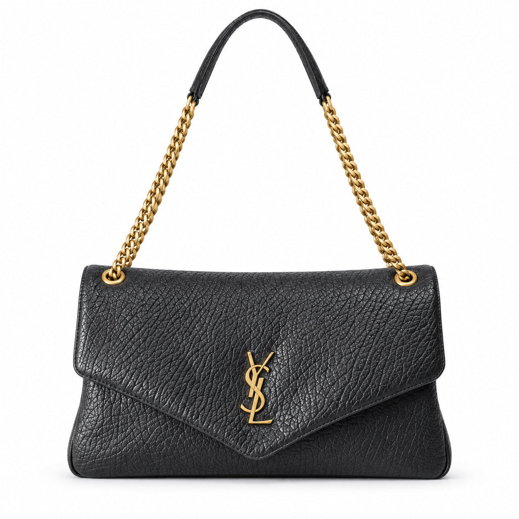 Saint Laurent YSL Calypso envelope chain shoulder bag in black grained calfskin leather with double gold chain strap