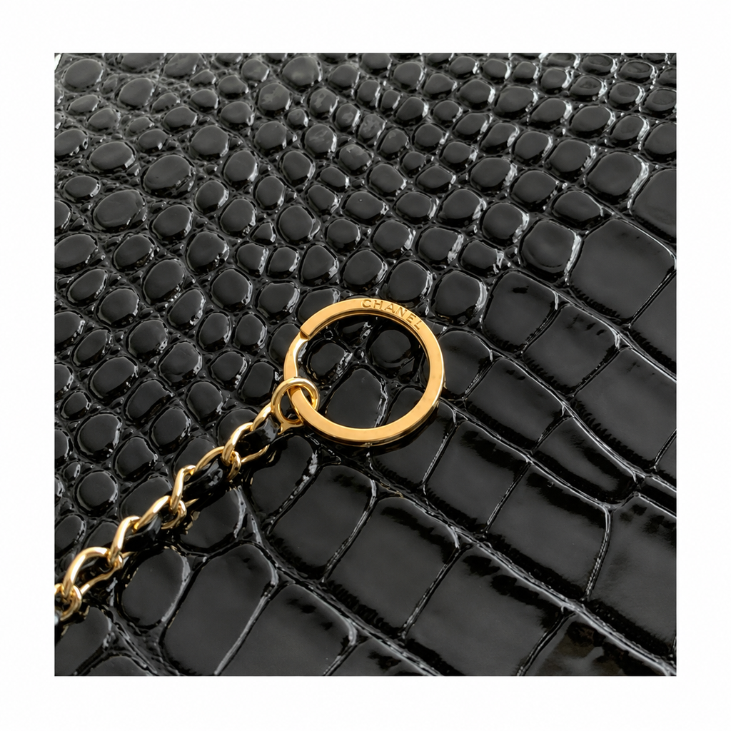 Chanel Black High-Gloss Croc-Embossed Large Shopping Tote | Gold CC Turn-Lock & Chain Zip Pocket