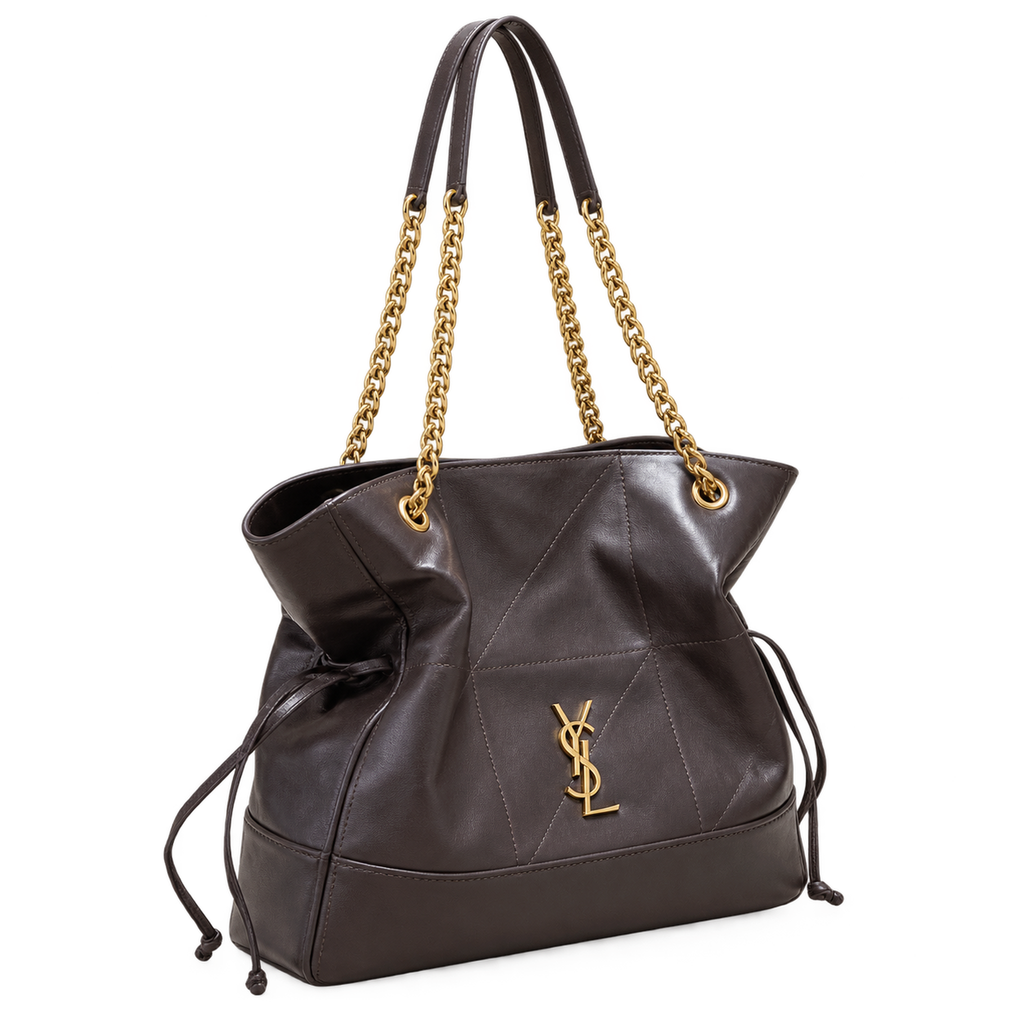 YSL Saint Laurent Jamie Tote Bag in dark chocolate espresso leather with geometric quilted stitching and gold chain strap