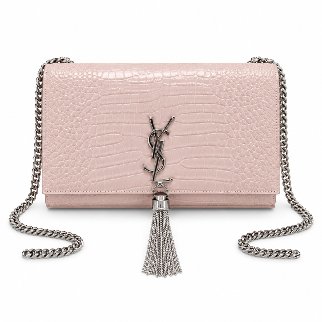 YSL Kate Tassel Chain Bag – Blush Croc-Embossed Leather