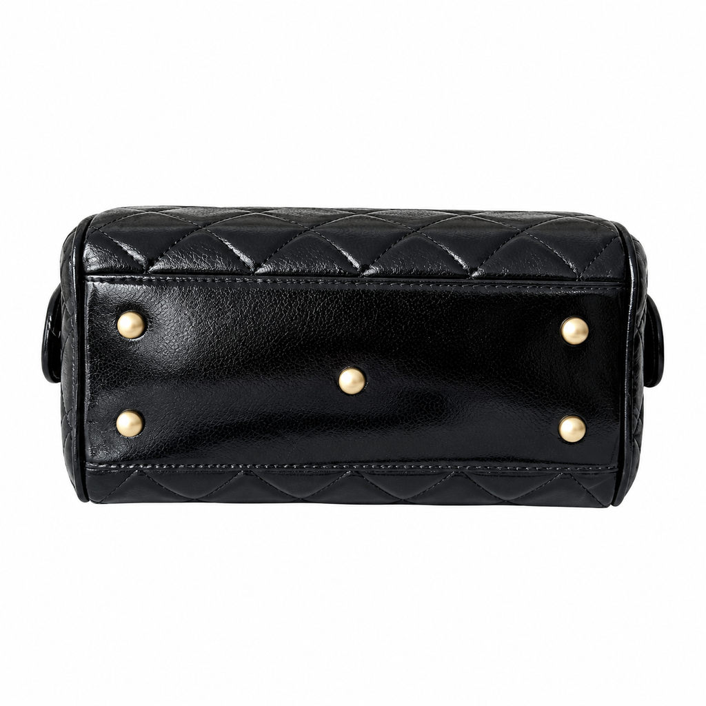 Chanel Quilted Aged Calfskin Bowling Bag Black Gold CC 21cm