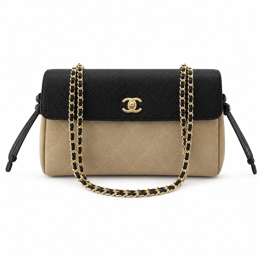Chanel Two-Tone Drawstring Flap Black Caviar & Taupe Suede | Gold CC Turn-Lock — 29cm
