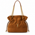 YSL Saint Laurent Jamie Tote Bag in tan cognac suede with ruched silhouette, gold chain strap and YSL Cassandre monogram