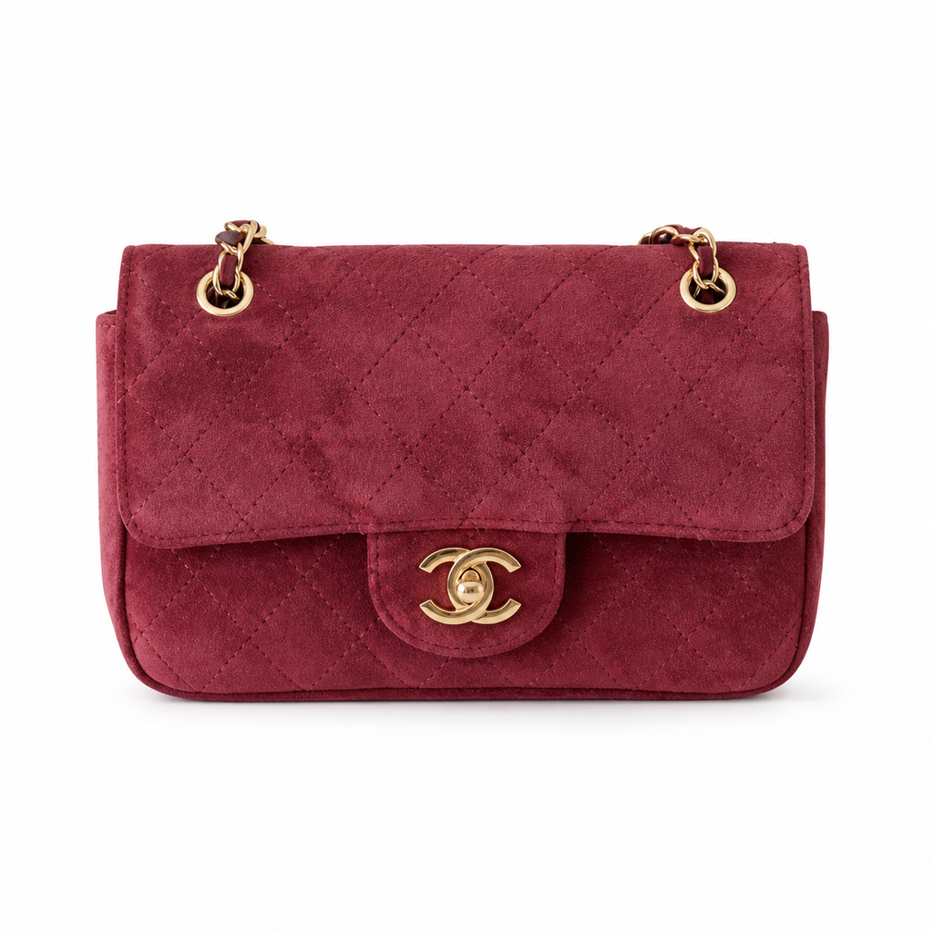 Chanel Classic Single Flap Bag Deep Burgundy Quilted Suede | Matte Gold CC Turn-Lock — 20cm