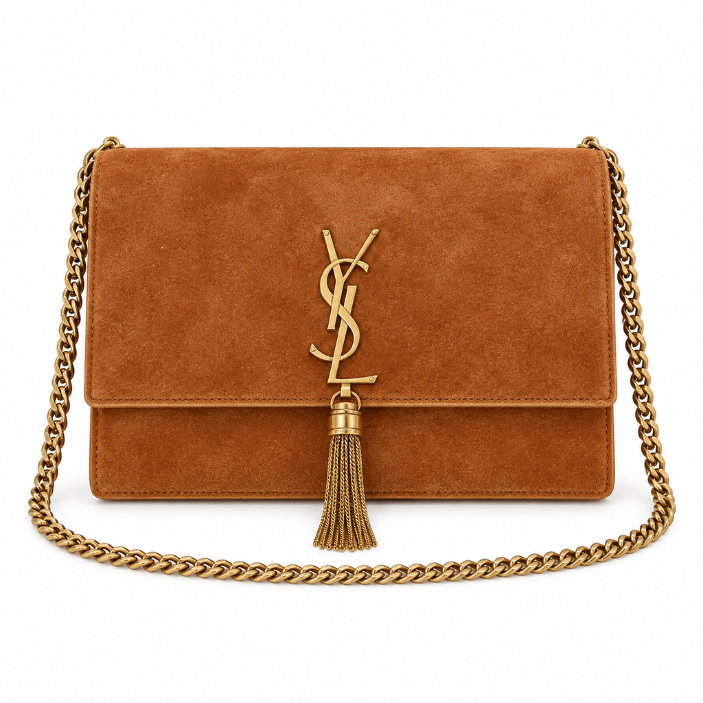 Saint Laurent YSL Kate Tassel Chain Bag in Tan Caramel Suede with Antique Gold Hardware and Tassel Charm