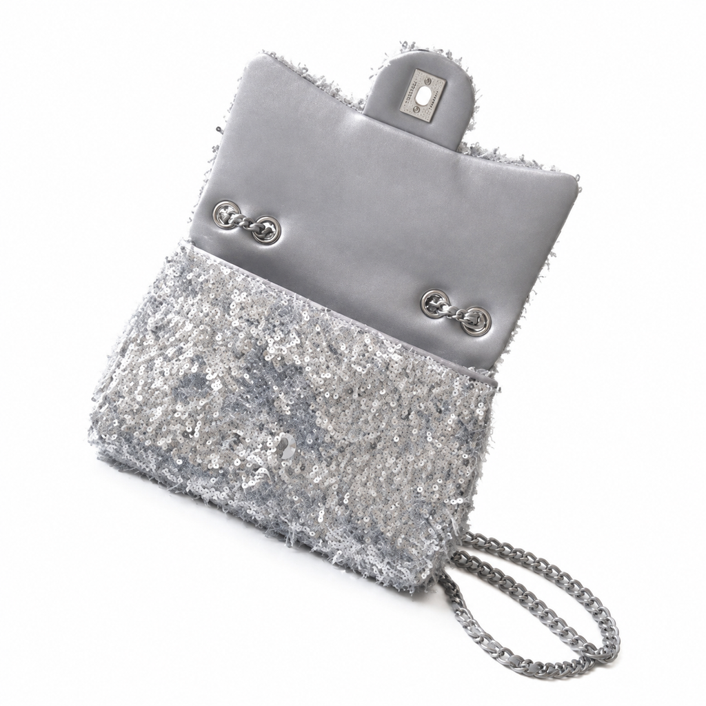 Chanel Silver Ring-Sequin on Grey Bouclé Flap Bag | Three-Register Monochrome Surface & Full Silver-Grey Tonal System