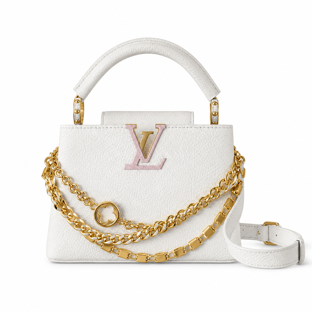 Louis Vuitton Capucines Mini White Leather Handbag with Double Gold Chain and Rose LV Logo