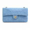 Chanel Classic Double Flap Bag Light Blue Quilted Denim | Gold Chain & Burgundy Zip Accents — 32cm