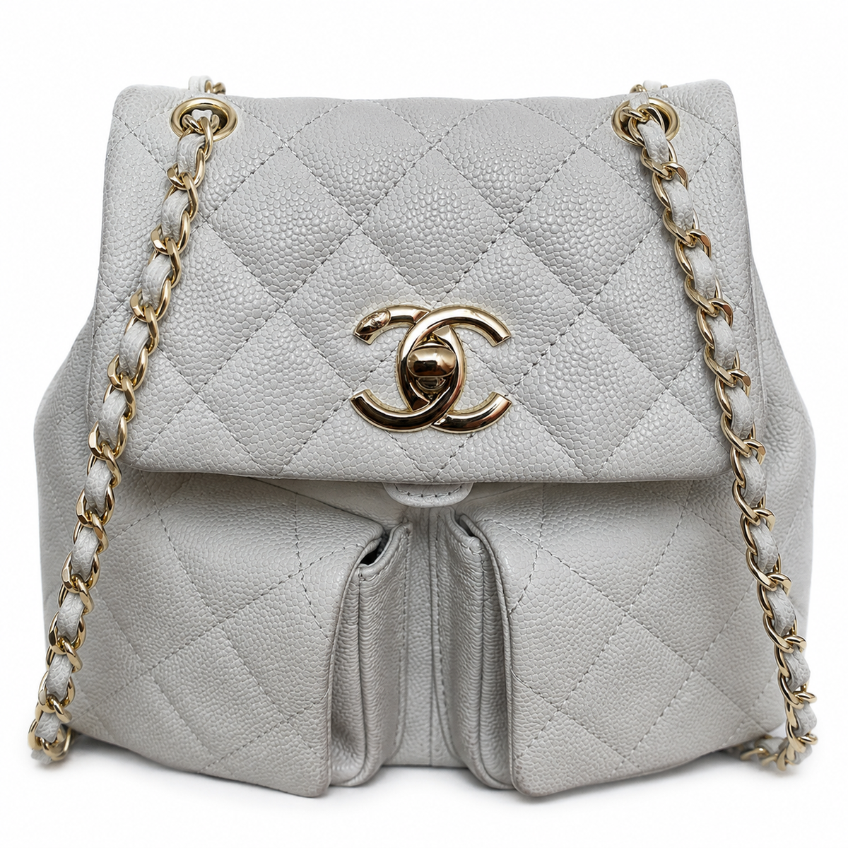 Chanel Caviar Quilted Backpack | Gold Chain CHANEL Tag White — 20.5x20cm