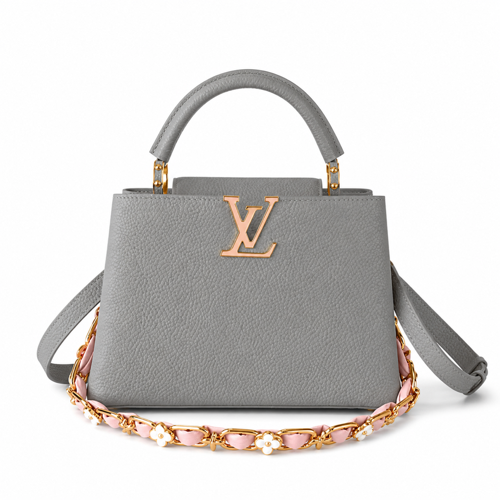 Louis Vuitton Capucines Mini Grey Taurillon Leather Bag Floral Chain