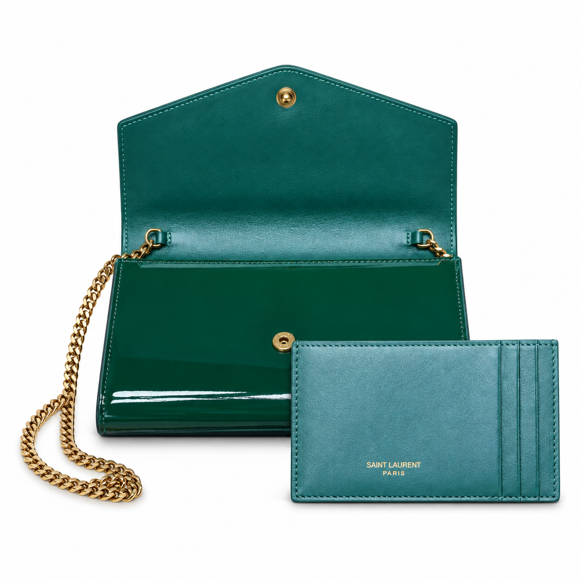 Saint Laurent YSL Uptown Chain Wallet – Green Patent Leather
