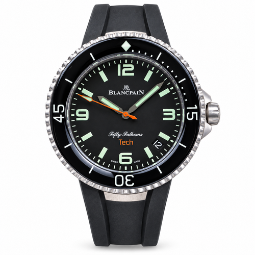 Blancpain Fifty Fathoms Tech black dial with orange seconds hand and black rubber strap