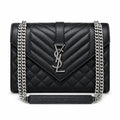 Saint Laurent YSL Envelope Large Bag in Black Noir Mix-Matelasse Quilted Grained Leather with Silver YSL Monogram Chevron Quilting Silver Curb Chain and Leather Wrist Handle