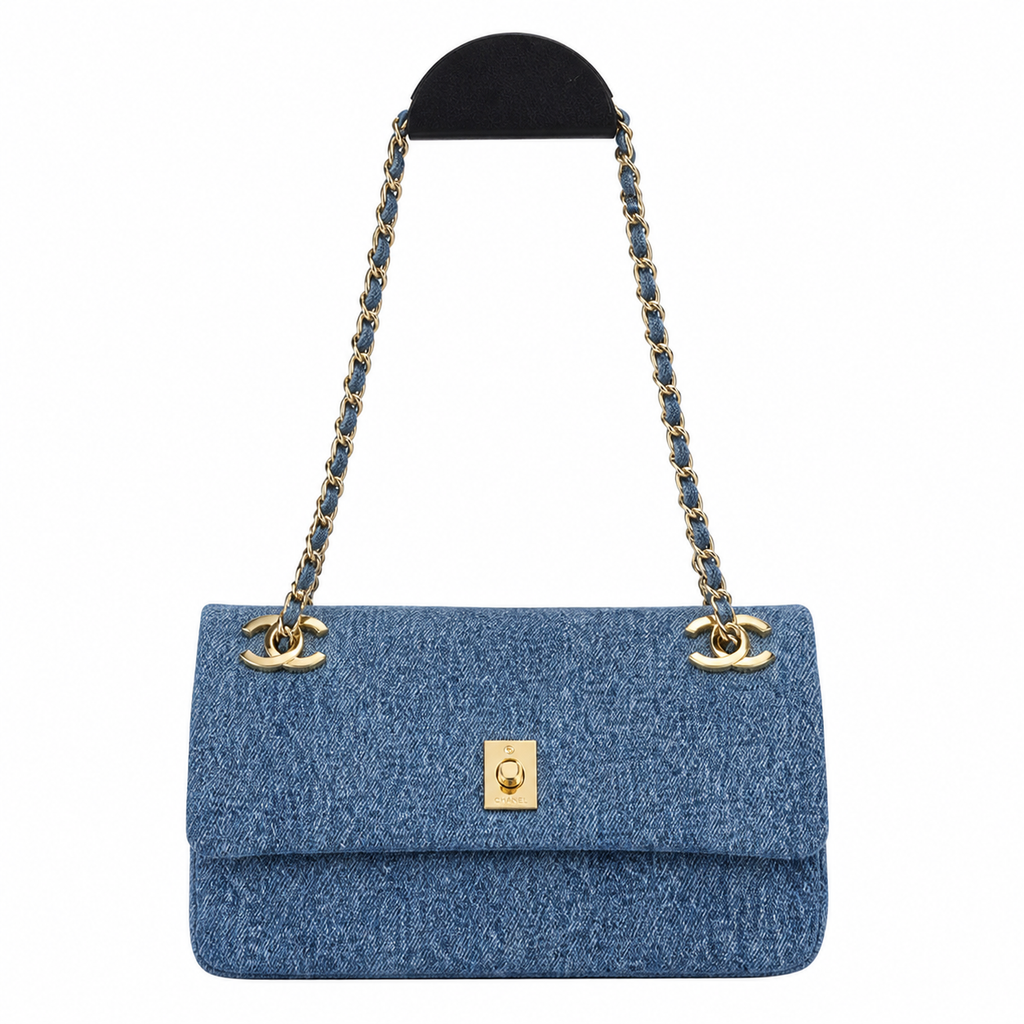 Chanel Medium Blue Denim Single Flap | Denim-Interwoven Gold Chain & CC Clips — 22cm