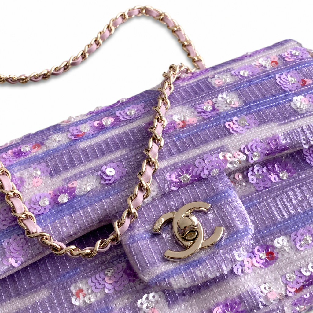 Chanel Lavender Sequin Classic Double Flap | Horizontal Shimmer & Pink Accents — 21cm