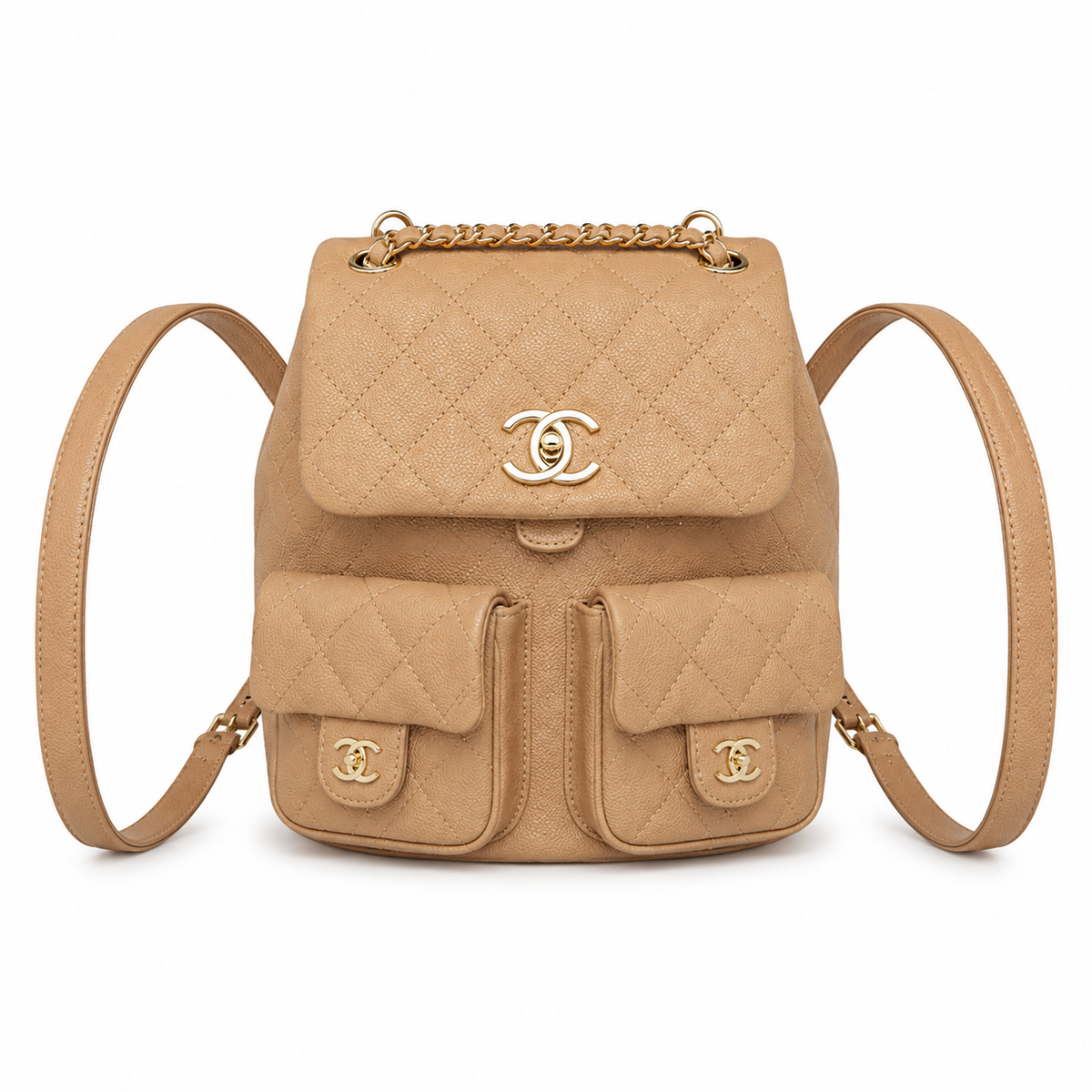 Chanel Duma Suede Quilted Backpack | CC Turn-Lock Gold Chain Camel Beige — 20.5x20cm
