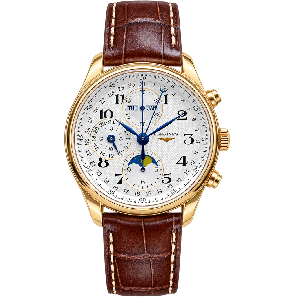 Longines Master Collection moonphase chronograph 18k yellow gold white guilloché dial blue steel hands brown alligator strap