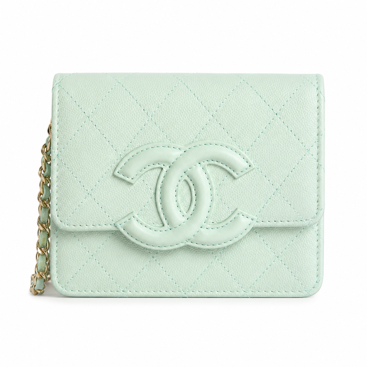 Chanel Mint Green Lambskin WOC | Tone-on-Tone CC & Gold Chain — 19cm