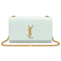 Saint Laurent YSL Kate chain crossbody bag in ice blue smooth calfskin leather with oversized gold YSL monogram and curb chain strap