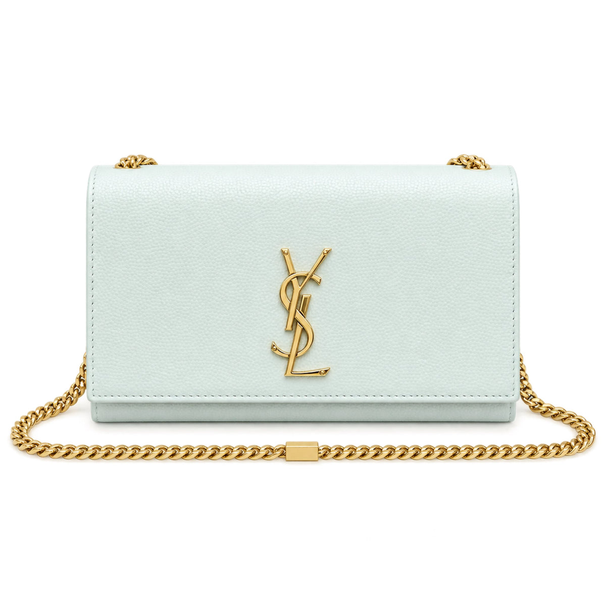 Saint Laurent YSL Kate chain crossbody bag in ice blue smooth calfskin leather with oversized gold YSL monogram and curb chain strap