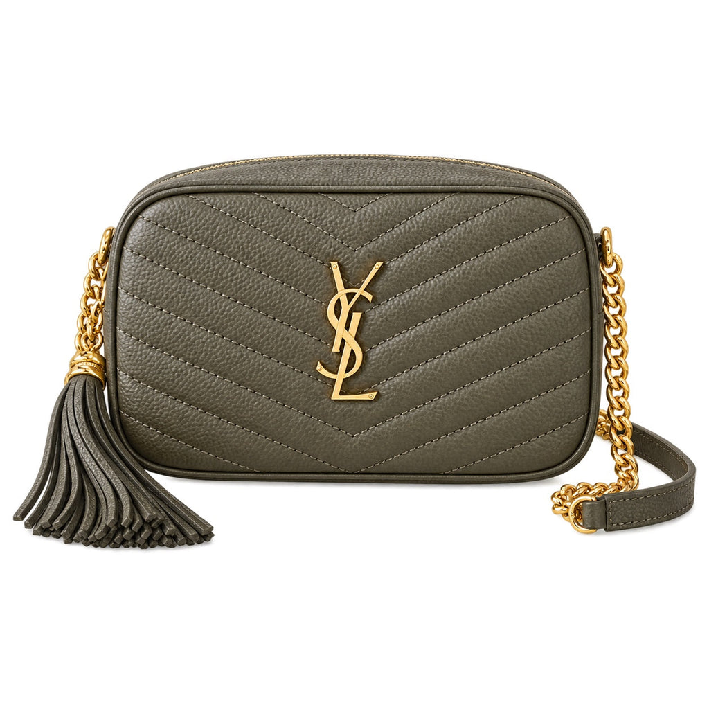Saint Laurent YSL Lou Mini Camera Bag in Khaki Olive Green Grained Leather with Gold YSL Monogram Chevron Quilting Khaki Tassel and Gold Chain Strap
