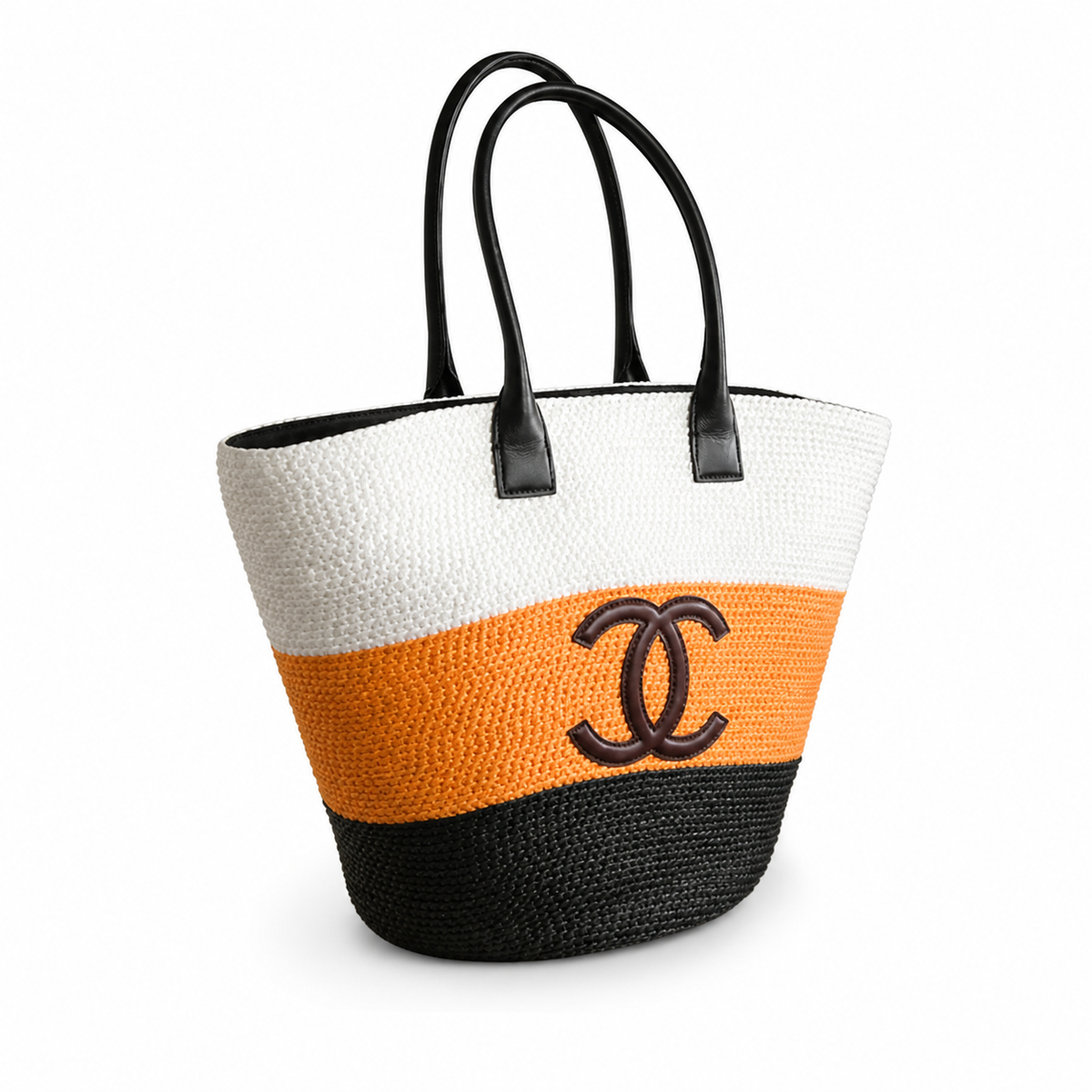 Chanel Ivory & Tangerine Orange Raffia Market Tote | Brown CC & Black Handles — 58cm