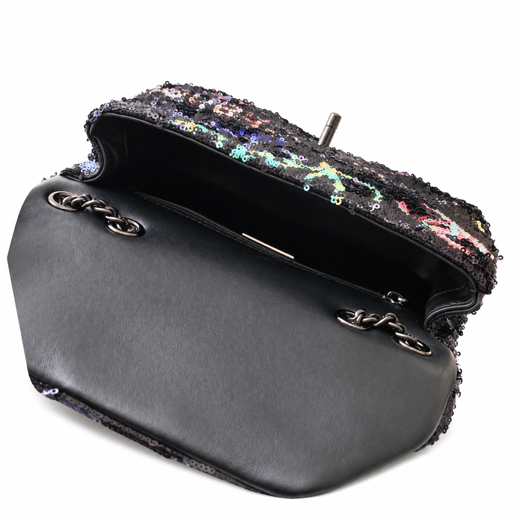 Chanel Black Sequin Graffiti Flap Bag | Neon Pink & Purple CHANEL COCO Text, Turquoise Accent & Gunmetal Chain