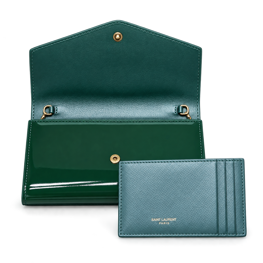 Saint Laurent Cassandra chain bag forest green patent leather open interior with teal grained lining and Saint Laurent Paris teal card holder set