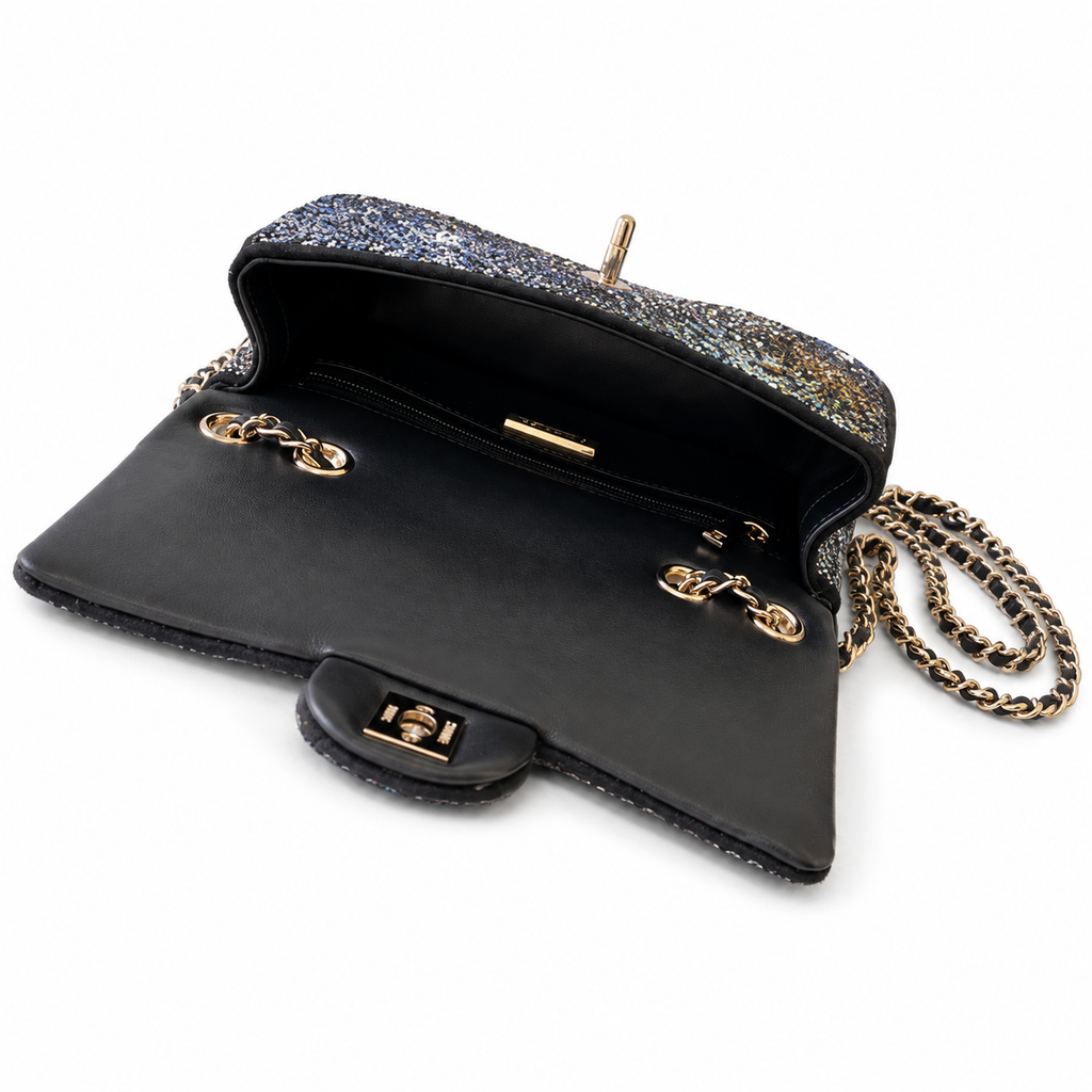 Chanel Black Suede Multicolour Crystal Rhinestone Flap Bag | Star-Field Front, Fireworks Starburst Back & Gold CC
