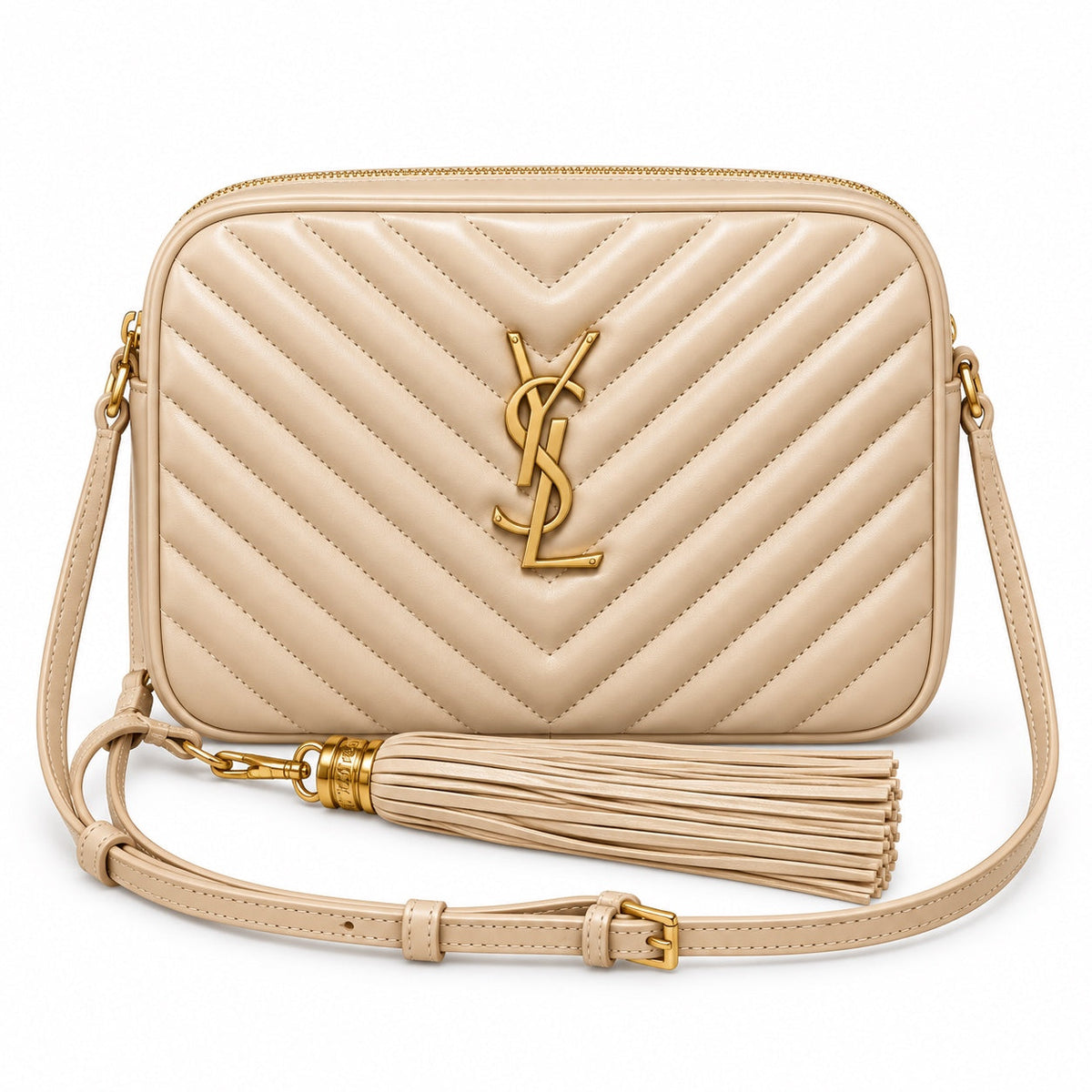 Saint Laurent YSL Lou Camera Bag in Powder Beige Nude Blush Quilted Lambskin Leather with Shiny Gold YSL Monogram Chevron Quilting Powder Leather Tassel and Adjustable Strap
