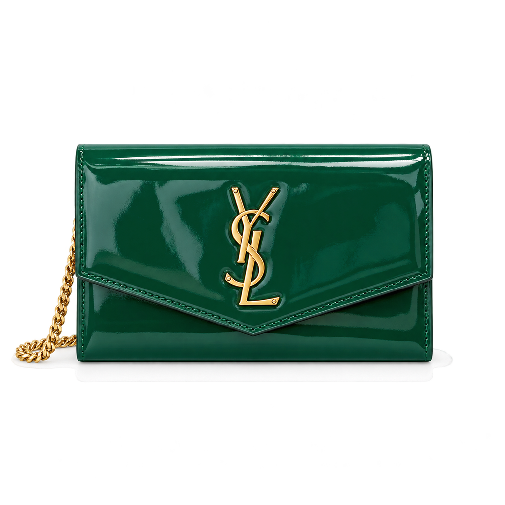 Saint Laurent YSL Uptown Chain Wallet – Green Patent Leather